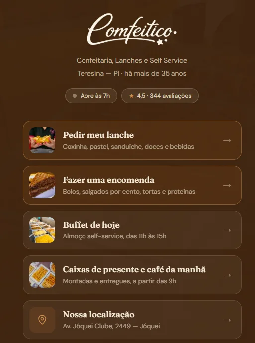 Tela do site da Comfeitiço no celular, com botões para pedir lanche, fazer encomenda, ver o buffet do dia e caixas de presente